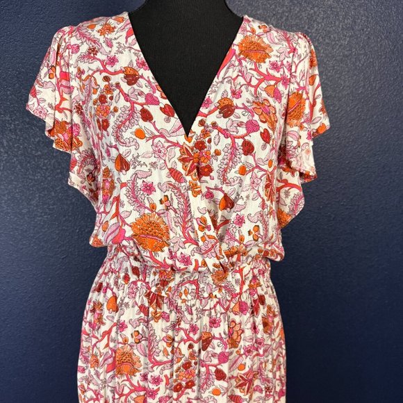 Knox Rose Flutter Short Sleeve Tiered A-Line Dress, Magenta & Orange Floral, XXL - Picture 4 of 8